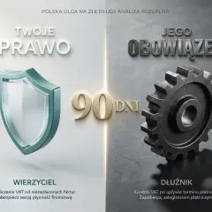 Tarcza symbolizuje prawo wierzyciela do ulgi na złe długi. Po 90 dniach od terminu płatności, można odliczyć VAT, chroniąc płynność finansową.