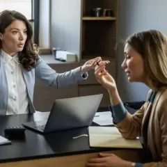 Dwie kobiety w biurze, jedna z nich gestykuluje, sugerując trudną rozmowę. Czy to początek mobbingu?