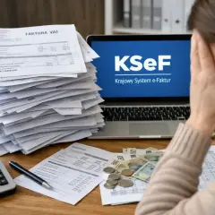 Stos faktur VAT, kalkulator, pieniądze i laptop z KSeF. Osoba zrezygnowana, przytłoczona **autorskimi kosztami uzyskania przychodu**.