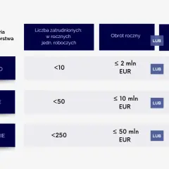 Tabela definiuje kategorie przedsiębiorstw: mikro, małe i średnie. Średni przedsiębiorca to firma zatrudniająca poniżej 250 osób i mająca obrót roczny lub sumę bilansową do 50 mln EUR.