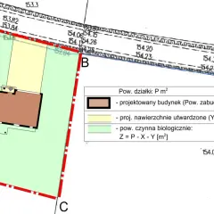 Plan działki z zaznaczonym budynkiem i legendą. Określa warunki zabudowy, co potrzebne do analizy powierzchni biologicznie czynnej.
