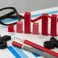 Analiza finansowa, wykresy i procenty symbolizują planowanie przekształcenia JDG w spółkę zoo. Okulary i ołówki sugerują strategiczne myślenie.