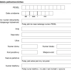 Formularz danych osoby udzielającej pełnomocnictwa, z polami do wpisania PESEL, daty urodzenia, danych adresowych i kontaktu. Przykład wypełnienia druku ZUS.