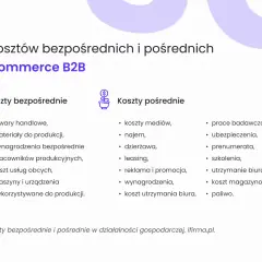 TOP koszty bezpośrednie i pośrednie w e-commerce B2B: towary, materiały, wynagrodzenia produkcyjne, usługi obce, maszyny. Pośrednie: media, najem, leasing, reklama, szkolenia, paliwo.