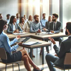 Grupa ludzi na spotkaniu biznesowym, dyskutująca o wypowiedzeniu umowy o pracę.