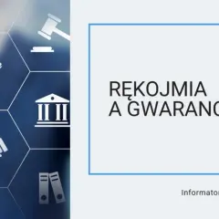Grafika przedstawia ikonografię związaną z prawem i umowami, z hasłem "Rękojmia a gwarancja" na środku. Informator dla kupujących.