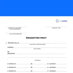 Świadectwo pracy, które pracodawca ma obowiązek wydać w określonym terminie. Dokument zawiera dane pracownika i okres zatrudnienia.