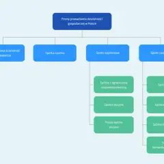 Schemat przedstawia formy prawne podmiotu gospodarczego w Polsce: jednoosobową działalność, spółkę cywilną, spółki kapitałowe (z o.o., akcyjną, prostą spółkę akcyjną) i spółki osobowe (jawną, partnerską, komandytową, komandytowo-akcyjną).