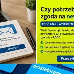 Formularz zapisu na newsletter z polem na e-mail i checkboxem "Wyrażam zgodę na przetwarzanie danych osobowych". Obok tekst o RODO i zgodzie na newsletter.