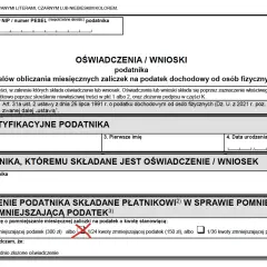 Formularz PIT-2, sekcja C: oświadczenie o pomniejszeniu zaliczki na podatek o kwotę zmniejszającą podatek. Zaznaczono 1/24 kwoty zmniejszającej podatek.