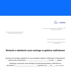 Wniosek o udzielenie czasu wolnego za nadgodziny, zgodny z kodeksem pracy. Formularz do wypełnienia przez pracownika i pracodawcę.