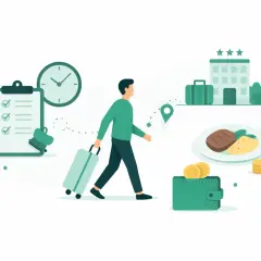 Podróż służbowa: lista zadań, zegar, walizka, hotel, posiłek i portfel z pieniędzmi. Ile wynosi dieta w delegacji?
