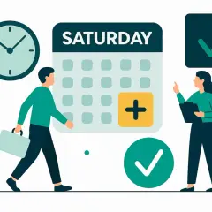Pracownik z walizką idzie do kalendarza z napisem "SATURDAY" i symbolem plusa. Obok kobieta z notatnikiem wskazuje na zielony znaczek. Ile płatne nadgodziny?