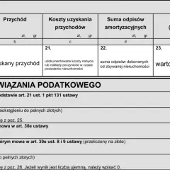 Formularz PIT-39, sekcja C: dochód/strata. Wpisujesz tu przychody z odpłatnego zbycia nieruchomości, koszty ich uzyskania i obliczasz dochód lub stratę.