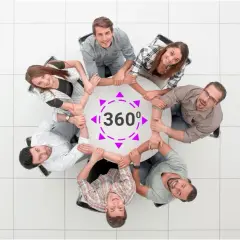Zespół ludzi trzyma się za ręce, tworząc krąg. Symbol 360° sugeruje kompleksową ocenę lub współpracę.