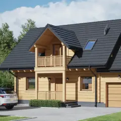 Drewniany dom z balkonem i garażem. Przed domem ganek z balustradą i krzewami. Obok stoi biały SUV.