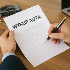 Podpisanie dokumentu wykup auta z leasingu. Na biurku model samochodu, kluczyki i laptop.