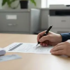 Osoba wypełnia dokumenty, w tym wniosek o duplikat świadectwa pracy. Na biurku leży też stos dokumentów i karta identyfikacyjna.