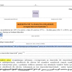 Skierowanie na badania lekarskie, które może być wykonane poza godzinami pracy. Dokument zawiera dane pracownika i opis warunków pracy.