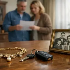 Rodzina analizuje dokumenty, a na stole leżą kluczyki i naszyjnik, symbolizujące wielkość nabywanego udziału w majątku.