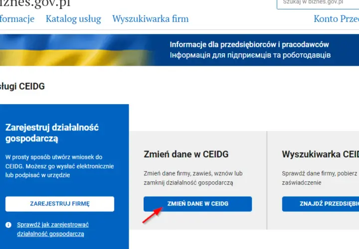 Zmiana adresu działalności gospodarczej w CEIDG. Kliknij "Zmień dane w CEIDG", aby zaktualizować informacje o firmie.