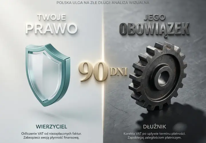 Tarcza symbolizuje prawo wierzyciela do ulgi na złe długi. Po 90 dniach od terminu płatności, można odliczyć VAT, chroniąc płynność finansową.