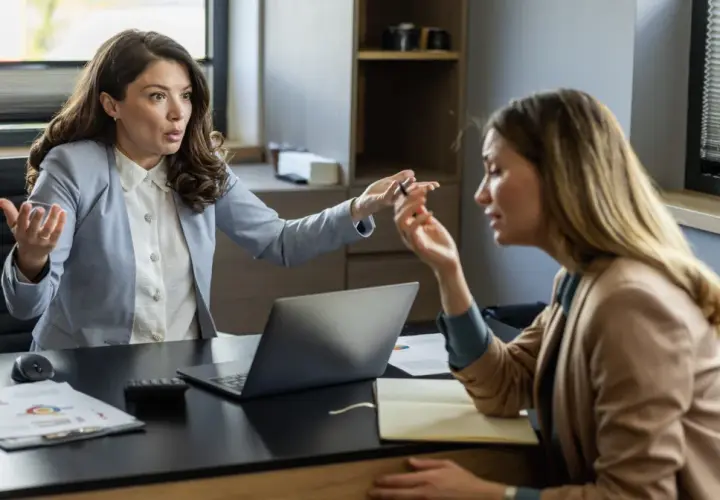 Dwie kobiety w biurze, jedna z nich gestykuluje, sugerując trudną rozmowę. Czy to początek mobbingu?