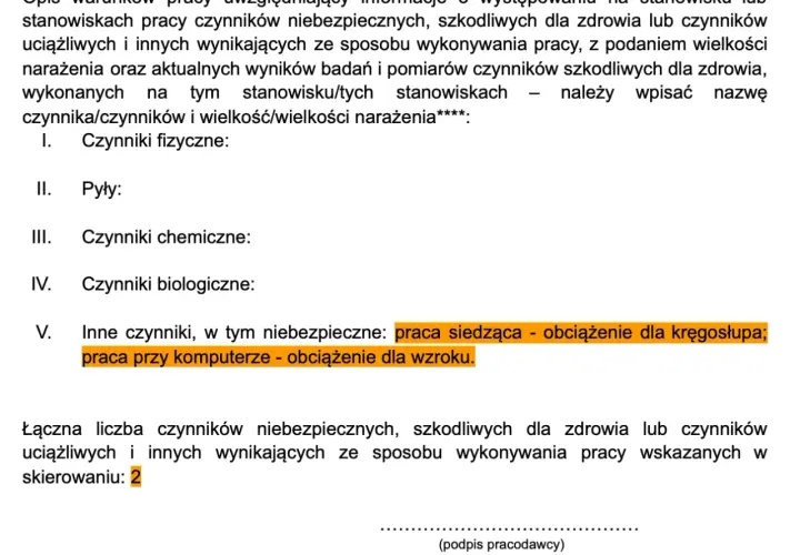 Skierowanie na badania lekarskie: opis czynników pracy, w tym praca siedząca i przy komputerze.