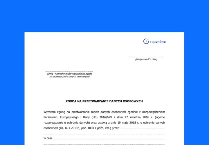 Formularz zgody na przetwarzanie danych osobowych. Wpisz dane do umowy, imię, nazwisko, miejscowość i datę.