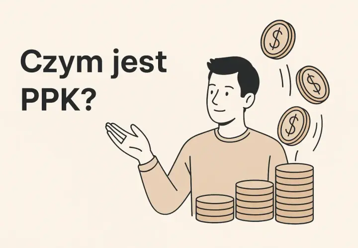 Człowiek z monetami i stosem pieniędzy, zastanawia się: ppk co to? Zwiększ swoje oszczędności!