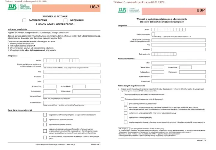 Wniosek US-7 ZUS: przykład wypełnienia formularza o wydanie zaświadczenia lub informacji z konta ubezpieczonego.
