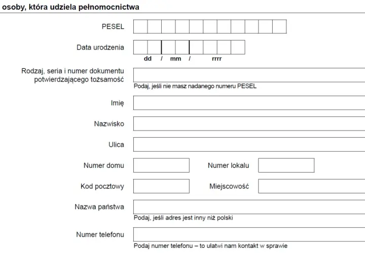 Formularz danych osoby udzielającej pełnomocnictwa, z polami do wpisania PESEL, daty urodzenia, danych adresowych i kontaktu. Przykład wypełnienia druku ZUS.