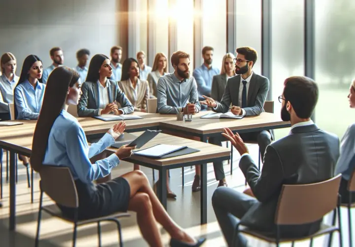 Grupa ludzi na spotkaniu biznesowym, dyskutująca o wypowiedzeniu umowy o pracę.