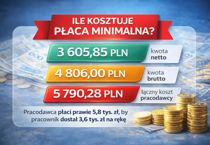 Ile kosztuje płaca minimalna? Netto 3605,85 zł, brutto 4806 zł, koszt pracodawcy 5790,28 zł.