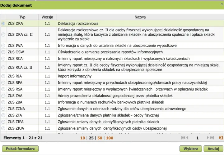 Wybierz formularz ZUS DRA, aby wypełnić deklarację rozliczeniową.
