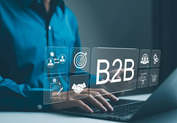 Biznes do biznesu (B2B) to klucz do rozwoju. Ikony symbolizują współpracę, cele, umowy, globalny zasięg i efektywność.