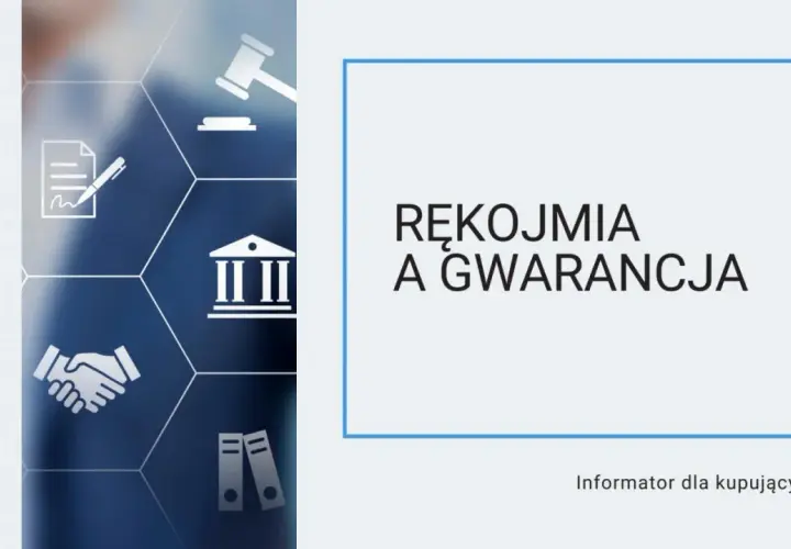 Grafika przedstawia ikonografię związaną z prawem i umowami, z hasłem "Rękojmia a gwarancja" na środku. Informator dla kupujących.