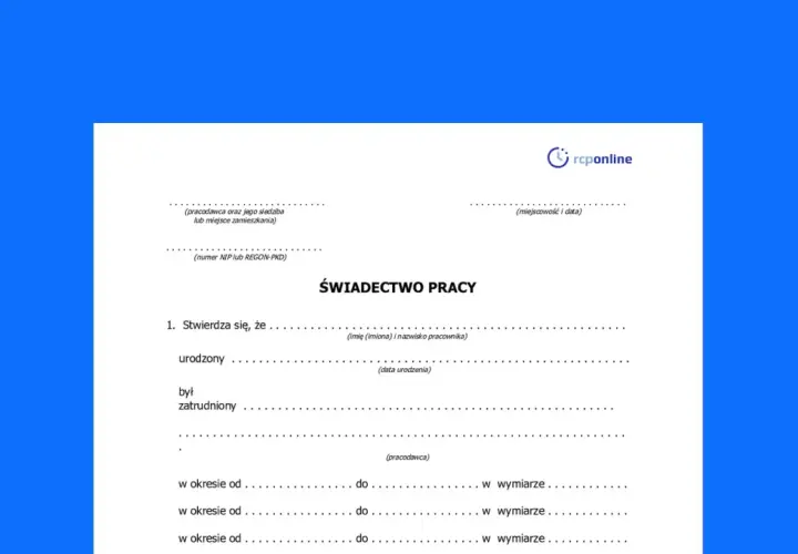 Świadectwo pracy, które pracodawca ma obowiązek wydać w określonym terminie. Dokument zawiera dane pracownika i okres zatrudnienia.