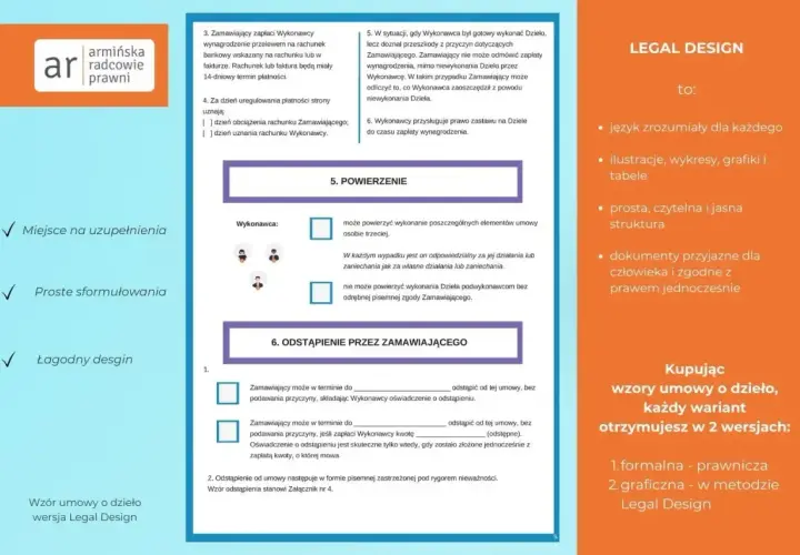Porównanie umowa zlecenie a umowa o dzieło. Dokumenty w wersji Legal Design są proste, czytelne i zgodne z prawem.