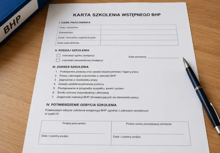 Karta szkolenia wstępnego BHP z polami do wypełnienia danych pracownika, rodzaju i zakresu szkolenia oraz potwierdzenia jego odbycia.