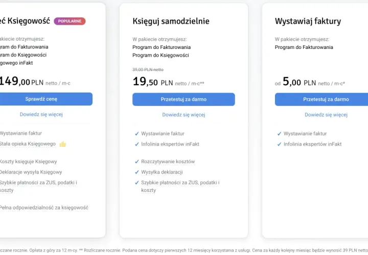 Oferty b2b: Zleć księgowość od 149 zł netto/m-c, księguj samodzielnie od 19,50 zł netto/m-c, wystawiaj faktury od 5 zł netto/m-c.