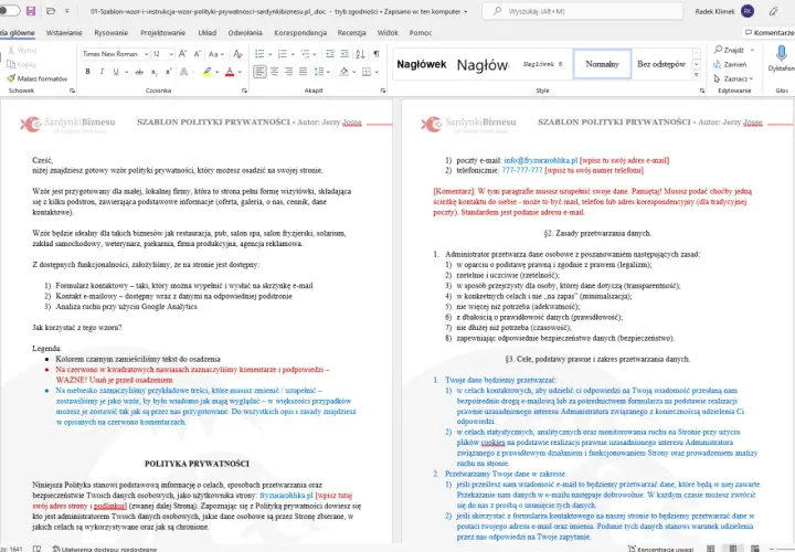 Gotowy wzór polityki prywatności dla firm. Dokument zawiera instrukcje i przykładowe treści, które pomogą stworzyć politykę prywatności wzór.