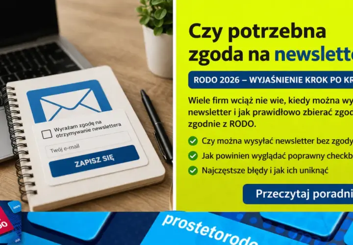 Formularz zapisu na newsletter z polem na e-mail i checkboxem "Wyrażam zgodę na przetwarzanie danych osobowych". Obok tekst o RODO i zgodzie na newsletter.