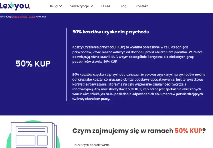 50% kosztów uzyskania przychodu (KUP) to ulga podatkowa dla twórców i innowatorów. Pozwala odliczyć połowę przychodów od dochodu.
