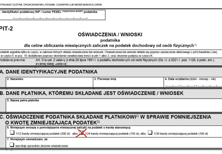 Formularz PIT-2, sekcja C: oświadczenie o pomniejszeniu zaliczki na podatek o kwotę zmniejszającą podatek. Zaznaczono 1/24 kwoty zmniejszającej podatek.