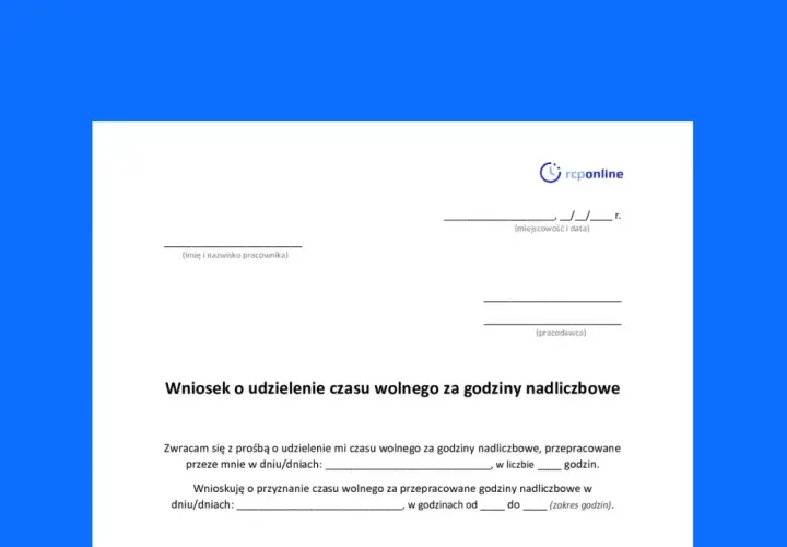 Wniosek o udzielenie czasu wolnego za nadgodziny, zgodny z kodeksem pracy. Formularz do wypełnienia przez pracownika i pracodawcę.