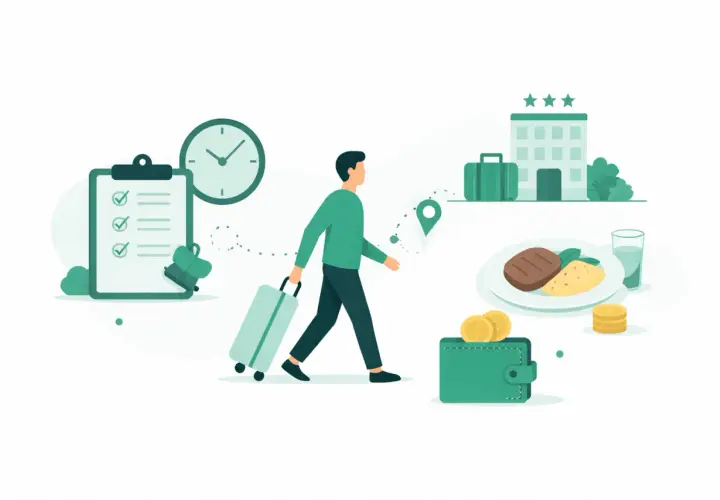 Podróż służbowa: lista zadań, zegar, walizka, hotel, posiłek i portfel z pieniędzmi. Ile wynosi dieta w delegacji?