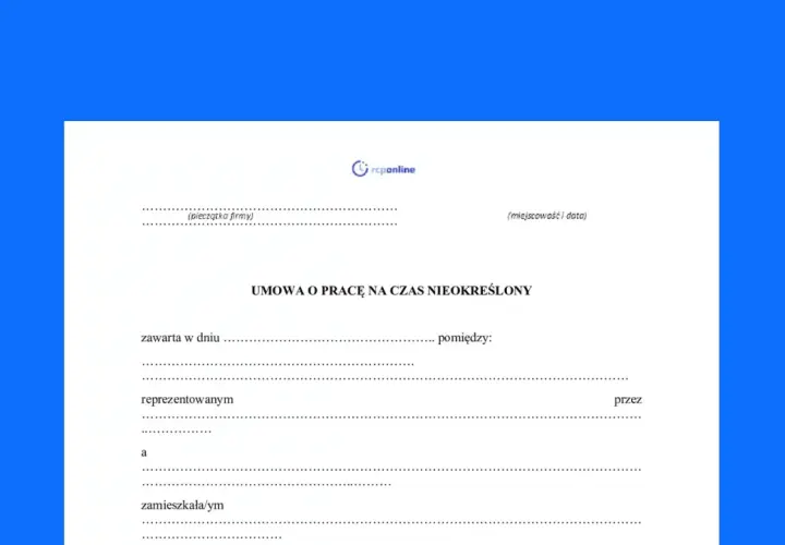 Wzór umowy o pracę na czas nieokreślony, gotowy do wypełnienia. Dokument zawiera pola na dane pracodawcy i pracownika.