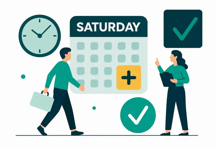 Pracownik z walizką idzie do kalendarza z napisem "SATURDAY" i symbolem plusa. Obok kobieta z notatnikiem wskazuje na zielony znaczek. Ile płatne nadgodziny?