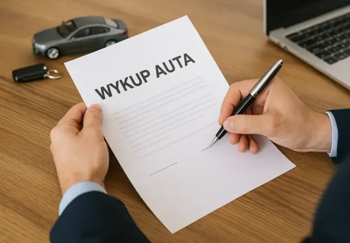 Podpisanie dokumentu wykup auta z leasingu. Na biurku model samochodu, kluczyki i laptop.